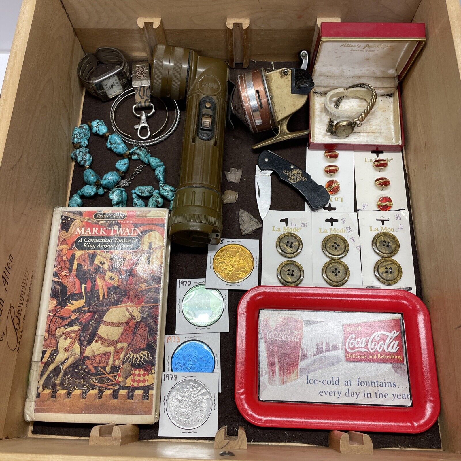 Vintage Junk Drawer Lot Zippo Knife Tokens Reel Jewelry Buttons Flashlight