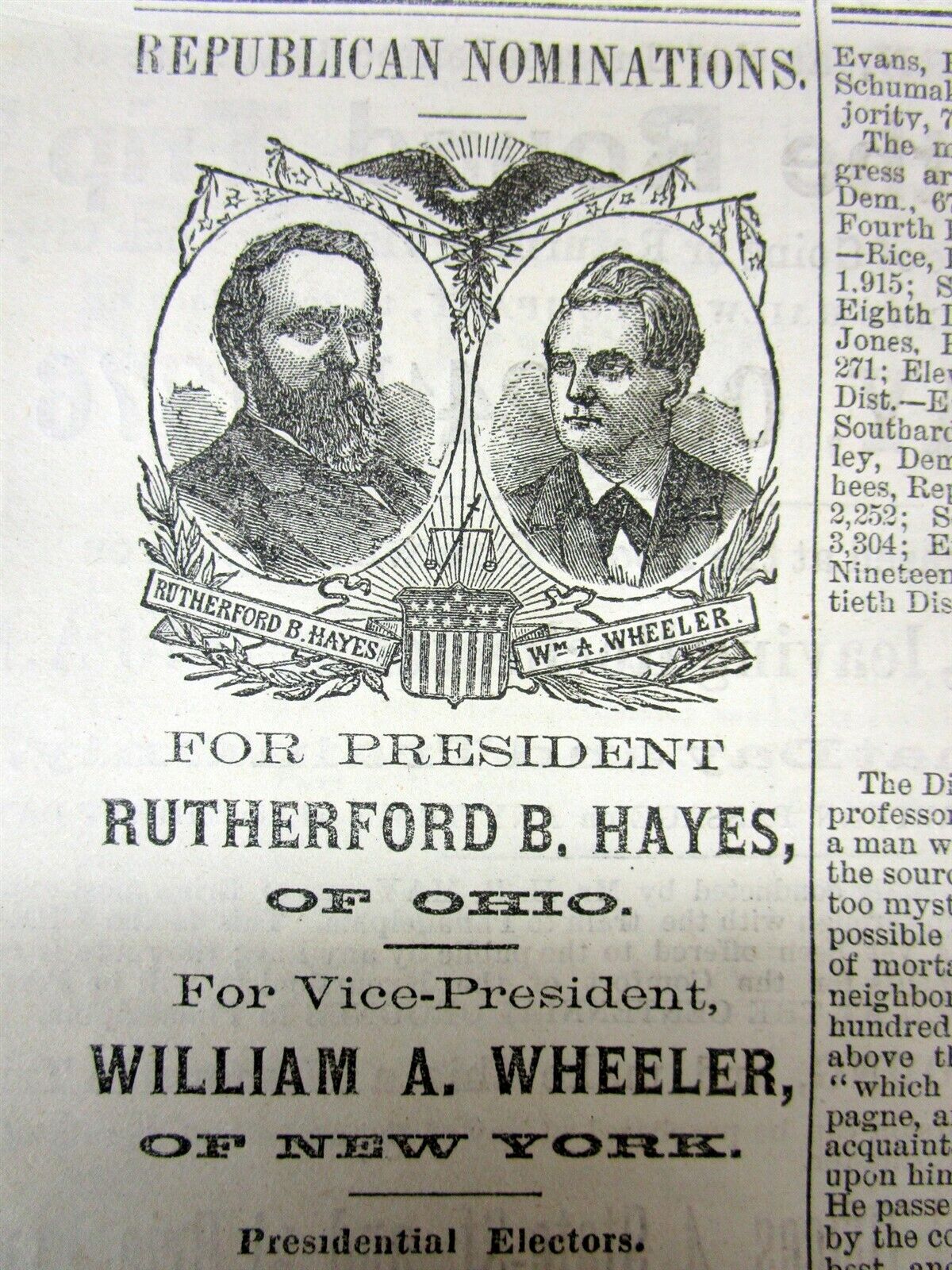 1876 newspaper w illustrated JUGATE Ad Republicans HAYES & WHEELER for PRESIDENT