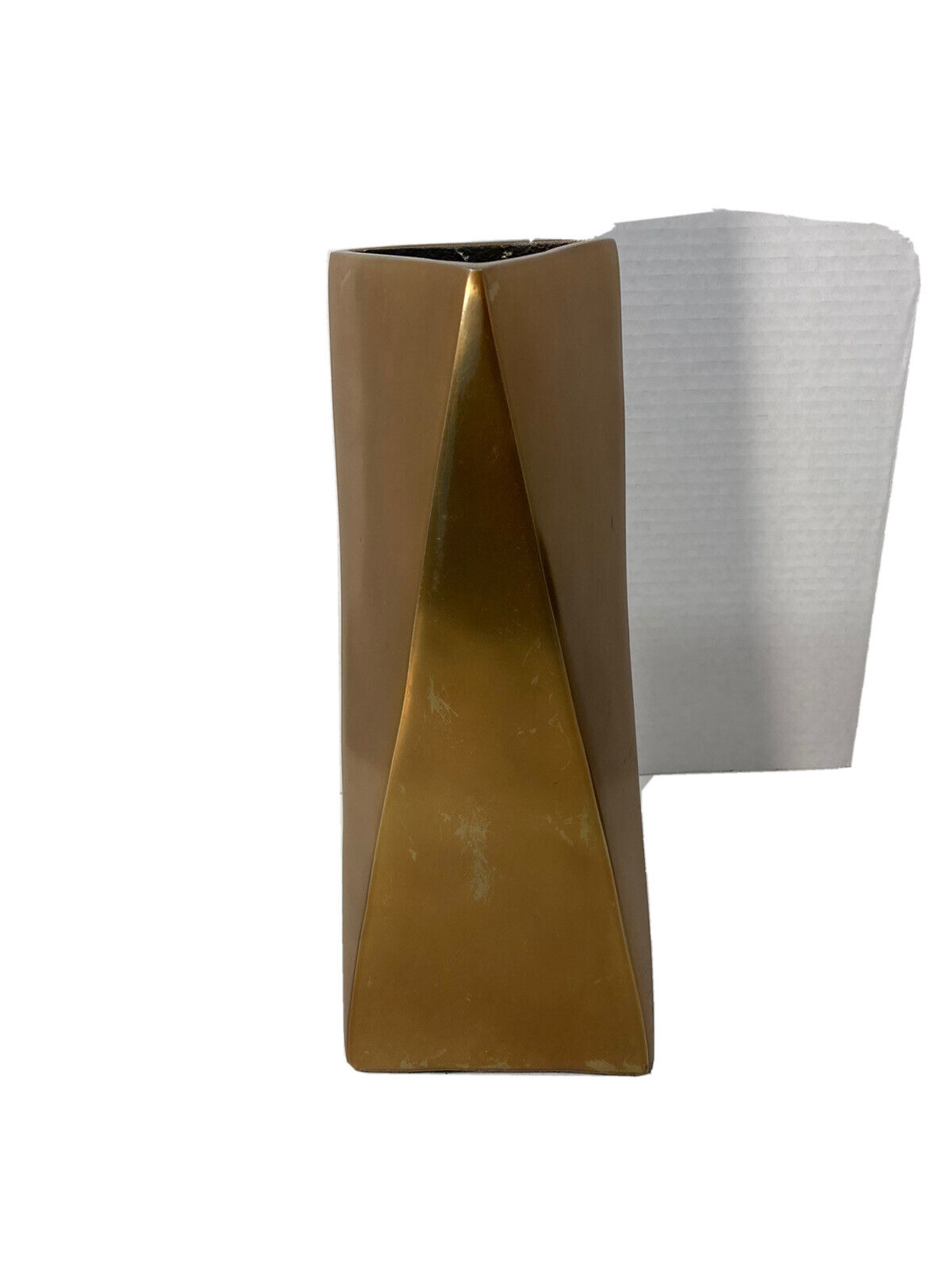 Mid Century Mordern Style Brass Finish 12” Angle Cut Ceramic Vase