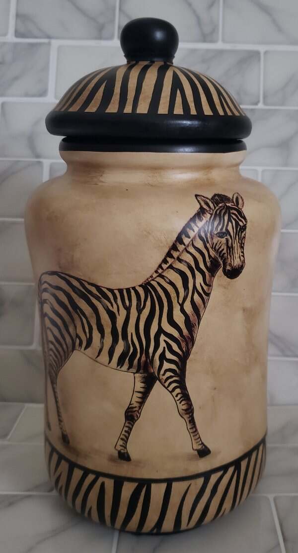 Vintage Rare Zebra Canister Jar With Lid Brown & Black Stoneware 10\