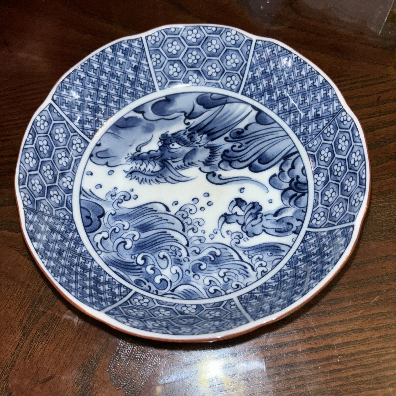 Vintage Japanese Kozan Gama Porcelain Sea Dragon Dish 6” X 2” Deep Blue White