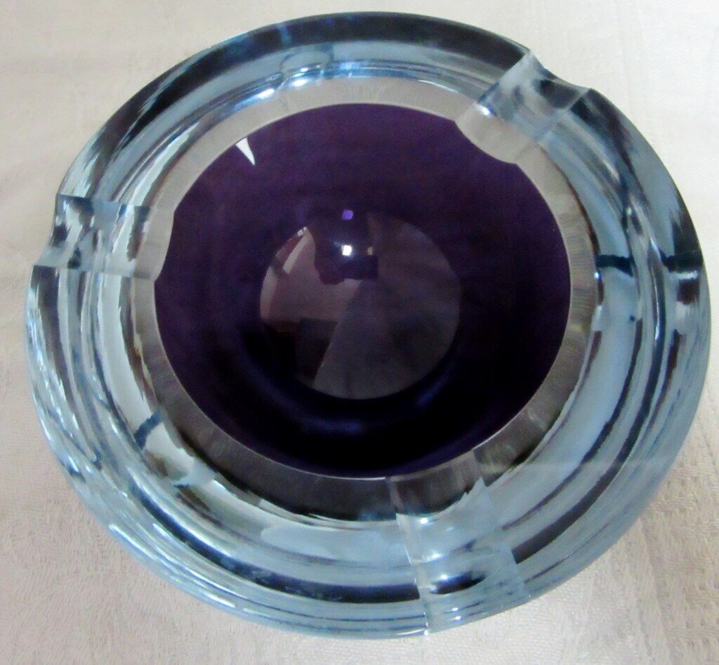 STROMBERG Swedish Art Glass,GEODE Style ASHTRAY, Ice Blue and Amethyst SGND H 83