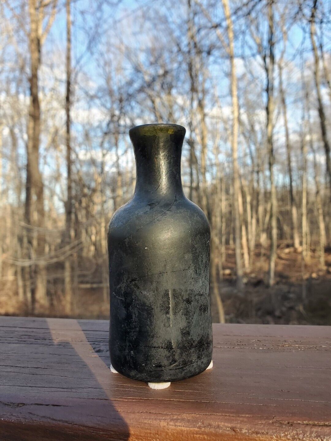 Interesting Small Early Olive Green Black Glass Freeblown Utility Bottle Pontil