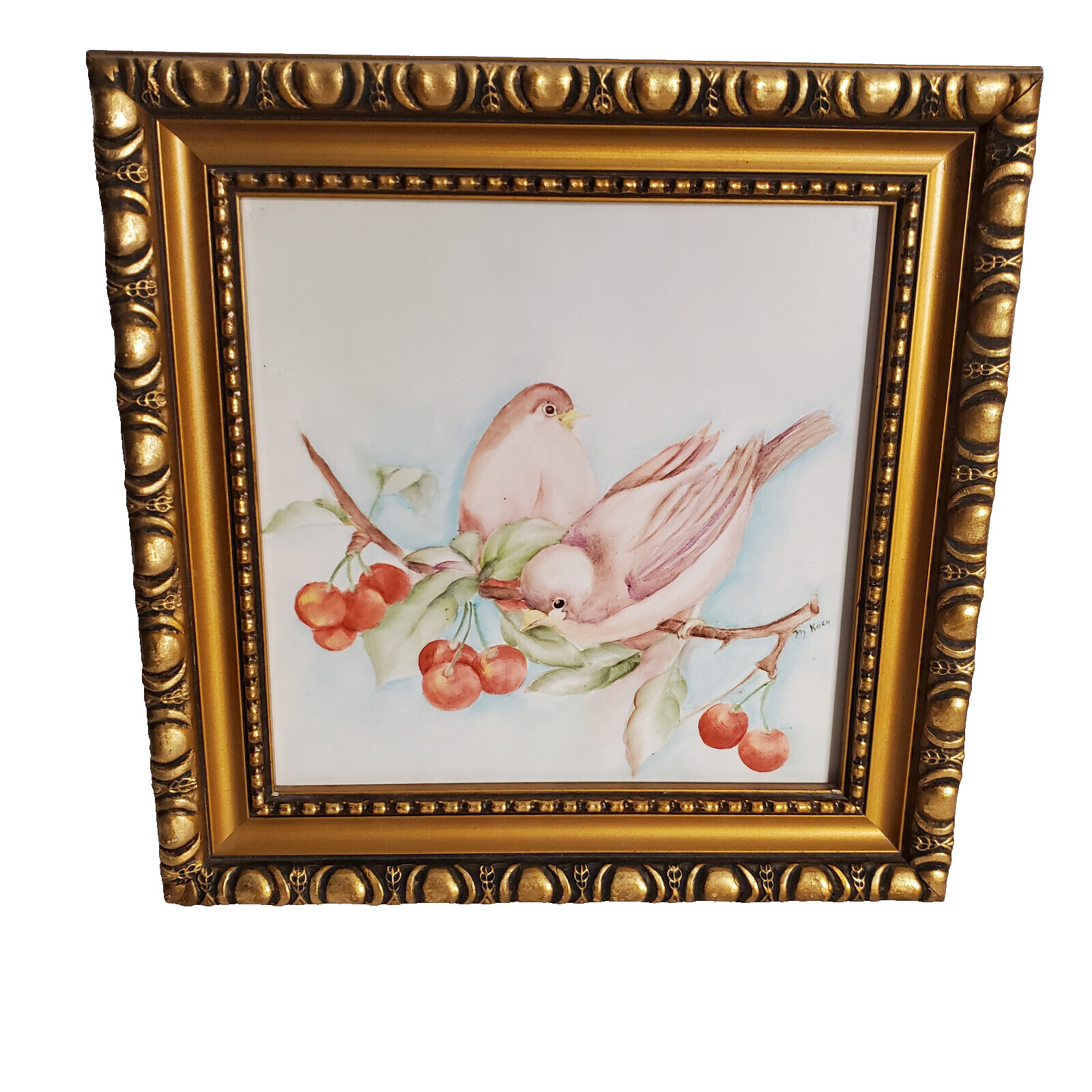 Vintage H&R Johnson Ltd Made In England Bird & Cherries Ceramic Tile Framed