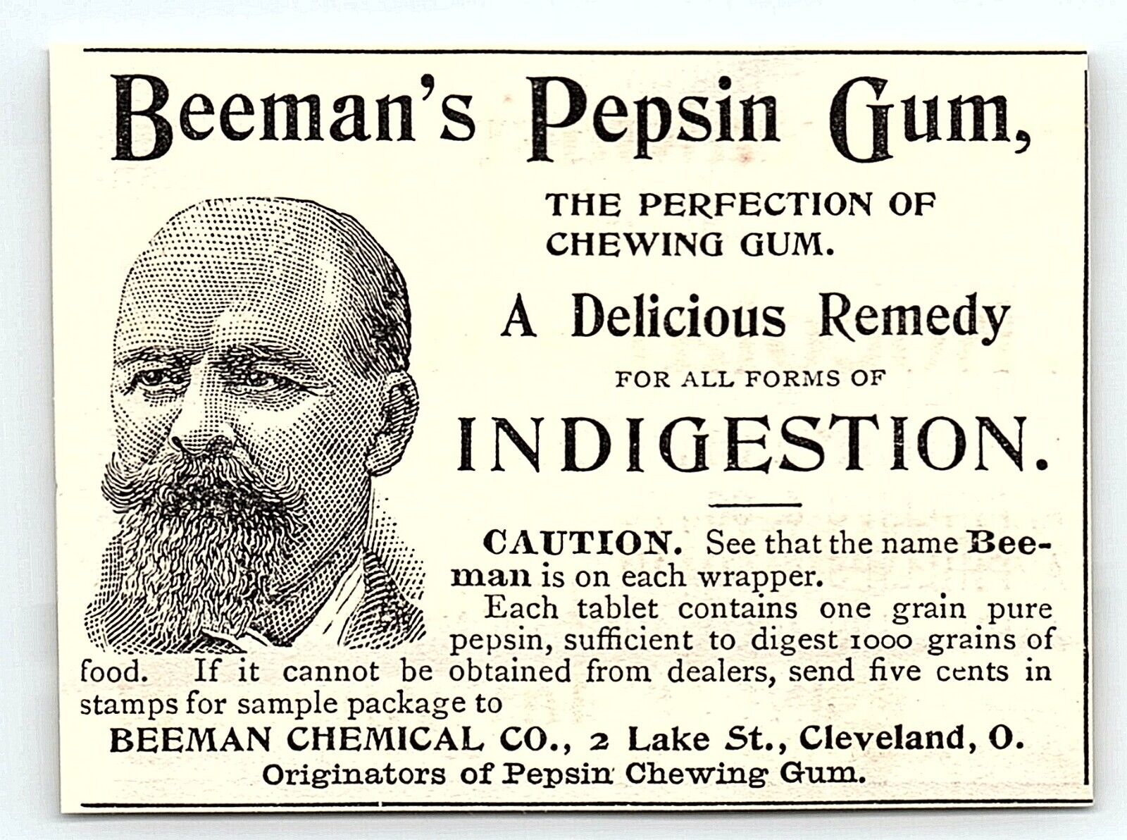 1895 BEEMANS PEPSIN GUM CHEWING GUM INDIGESTION REMEDY PRINT ADVERTISEMENT Z3496