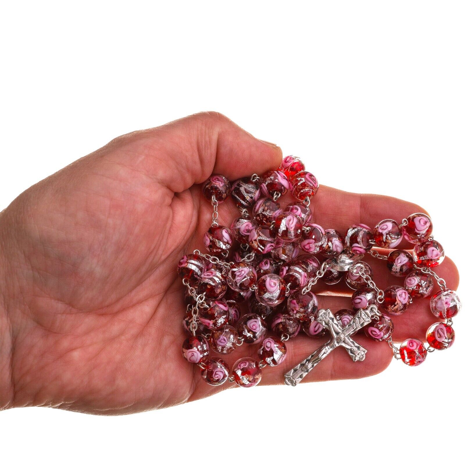Large Italian Intricate Red Glass Rosary Beads Catholic Women Elderly 25\