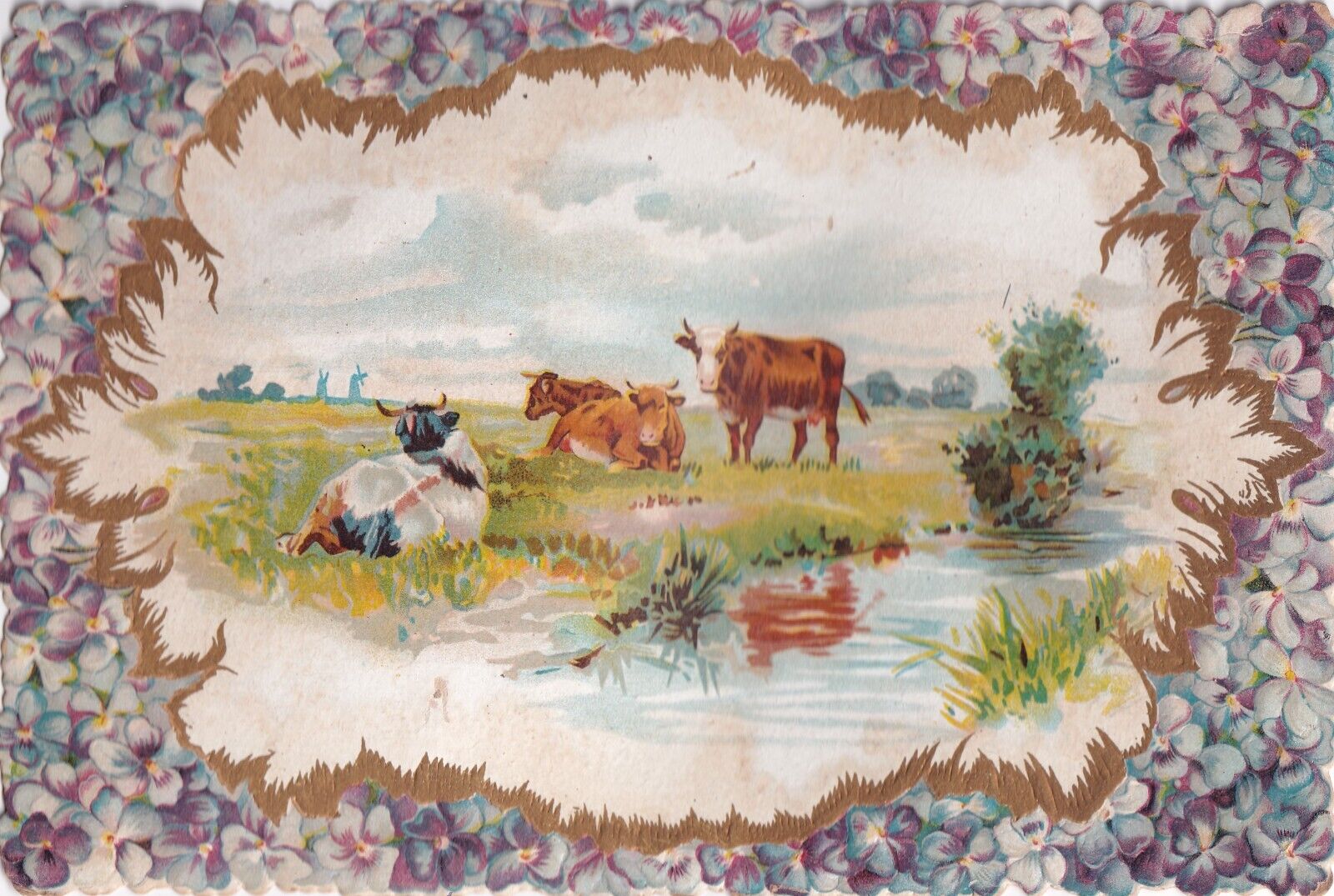 Beautiful Extra Large 1800's Victorian Card -Cows Out on Pasture Pond -#1