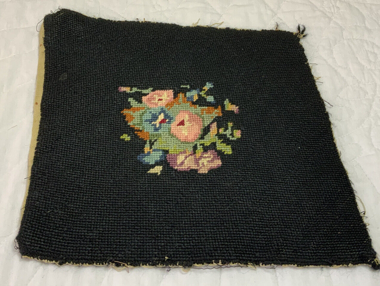 Vintage Antique Needlepoint Embroidery, Floral Design, Black, Multi, Wool
