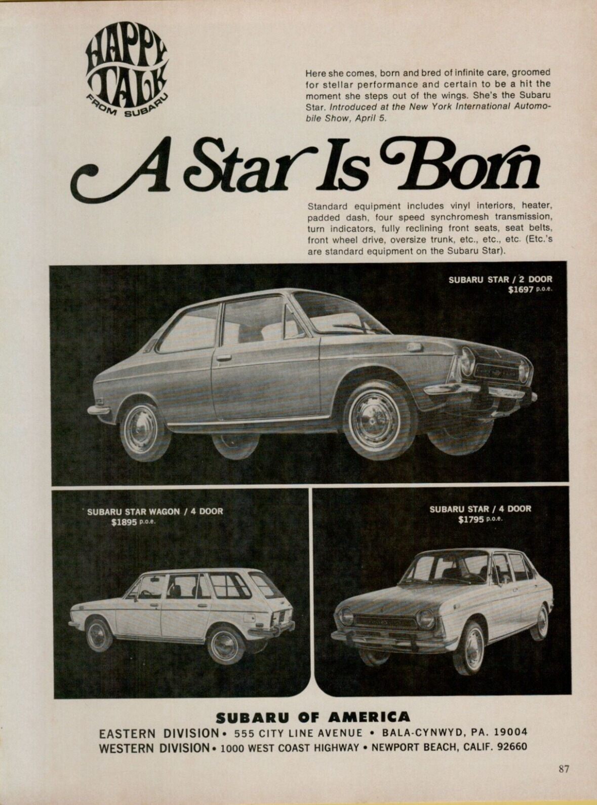 1969 Subaru Star 2 Door Wagon 4 is Born Happy Talk Photo Car Vintage Print Ad