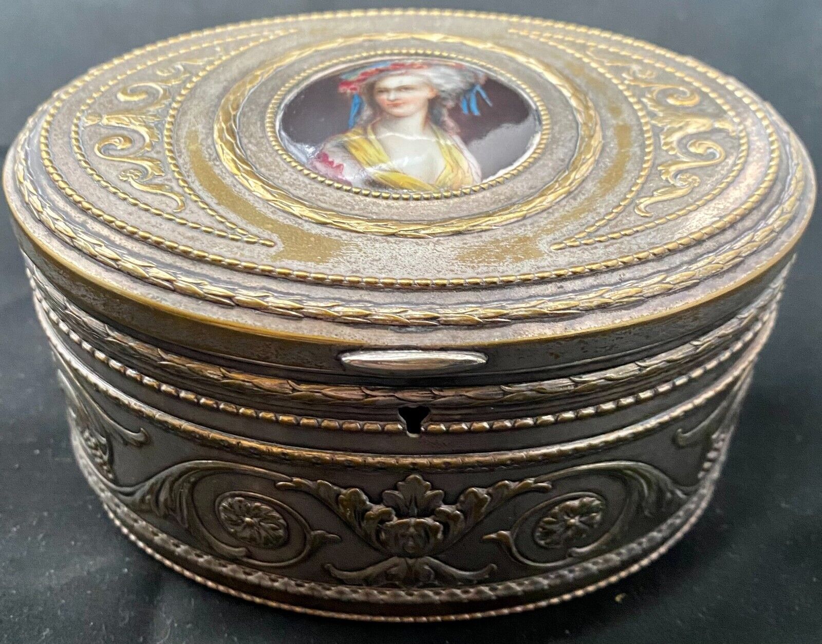 BEAUTY ANTIQUE WMF SILVER PLATED JEWELRY BOX WOMAN PORTRAIT PORCELAIN c1910 v/g