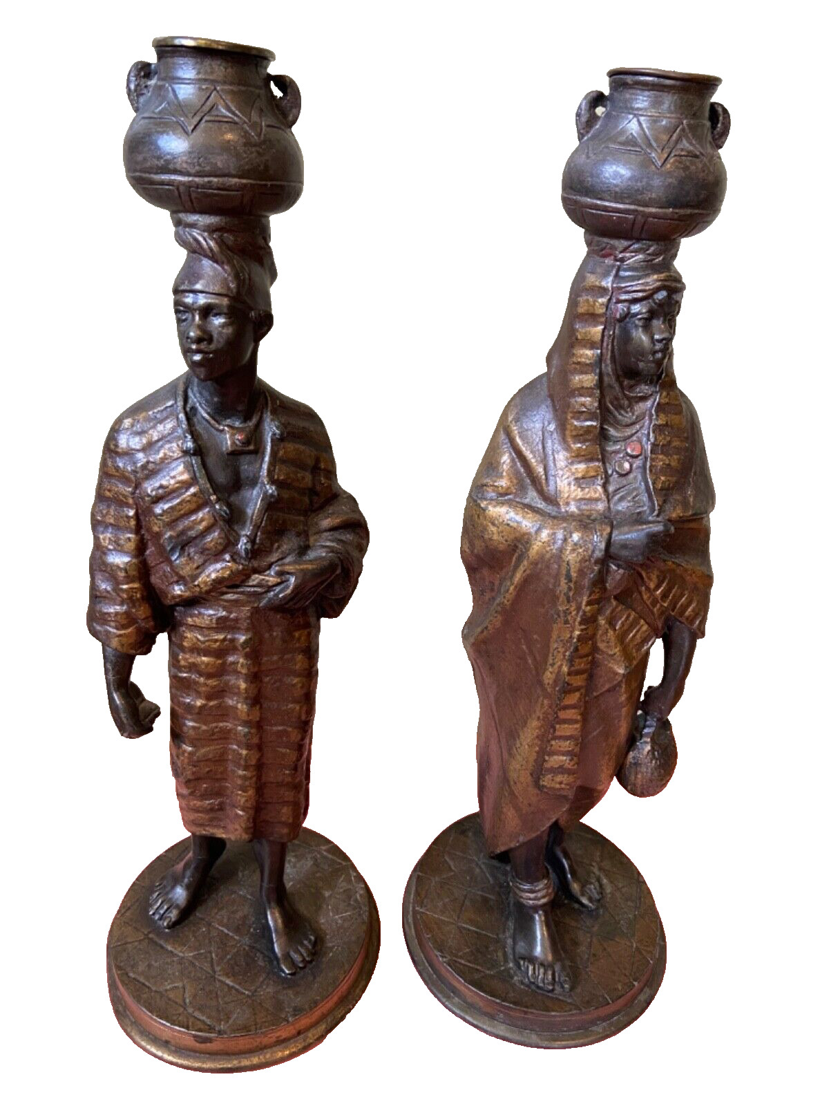 Vintage Austrian Cold Painted Style Metal Figural Pair of Candlesticks