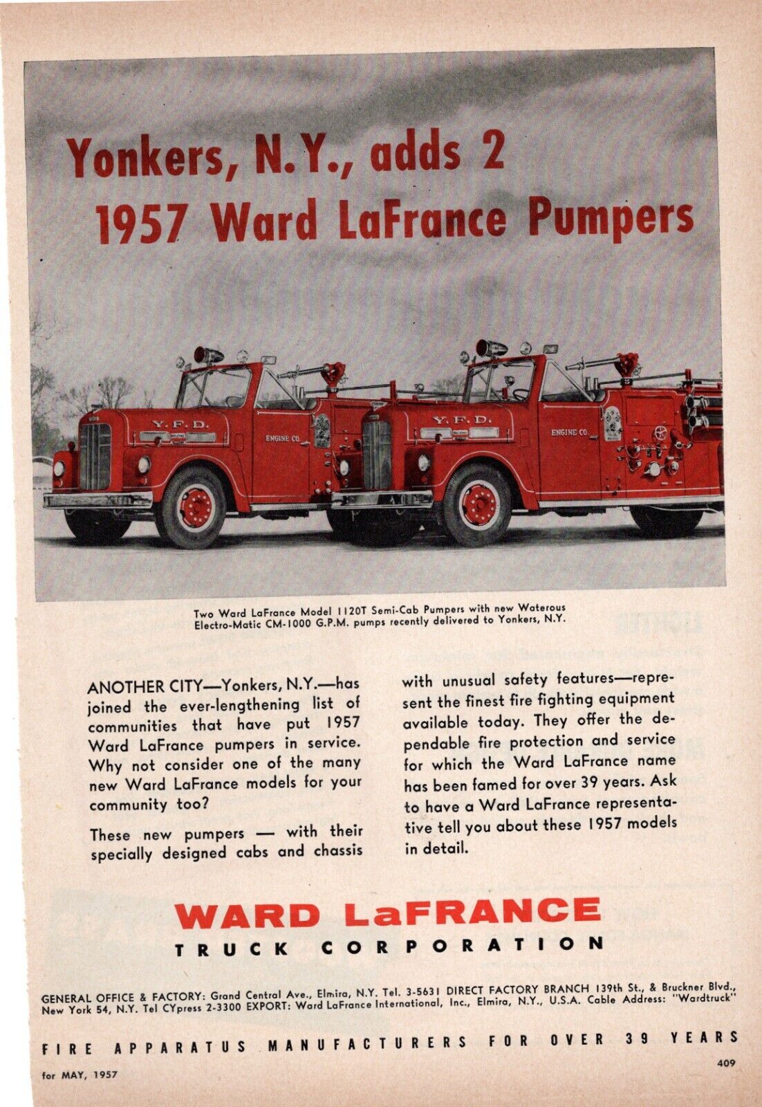 1957 Ward LaFrance Yonkers NY Open Type Pumper Truck 8x11 Fire Truck W/ BONUS AD