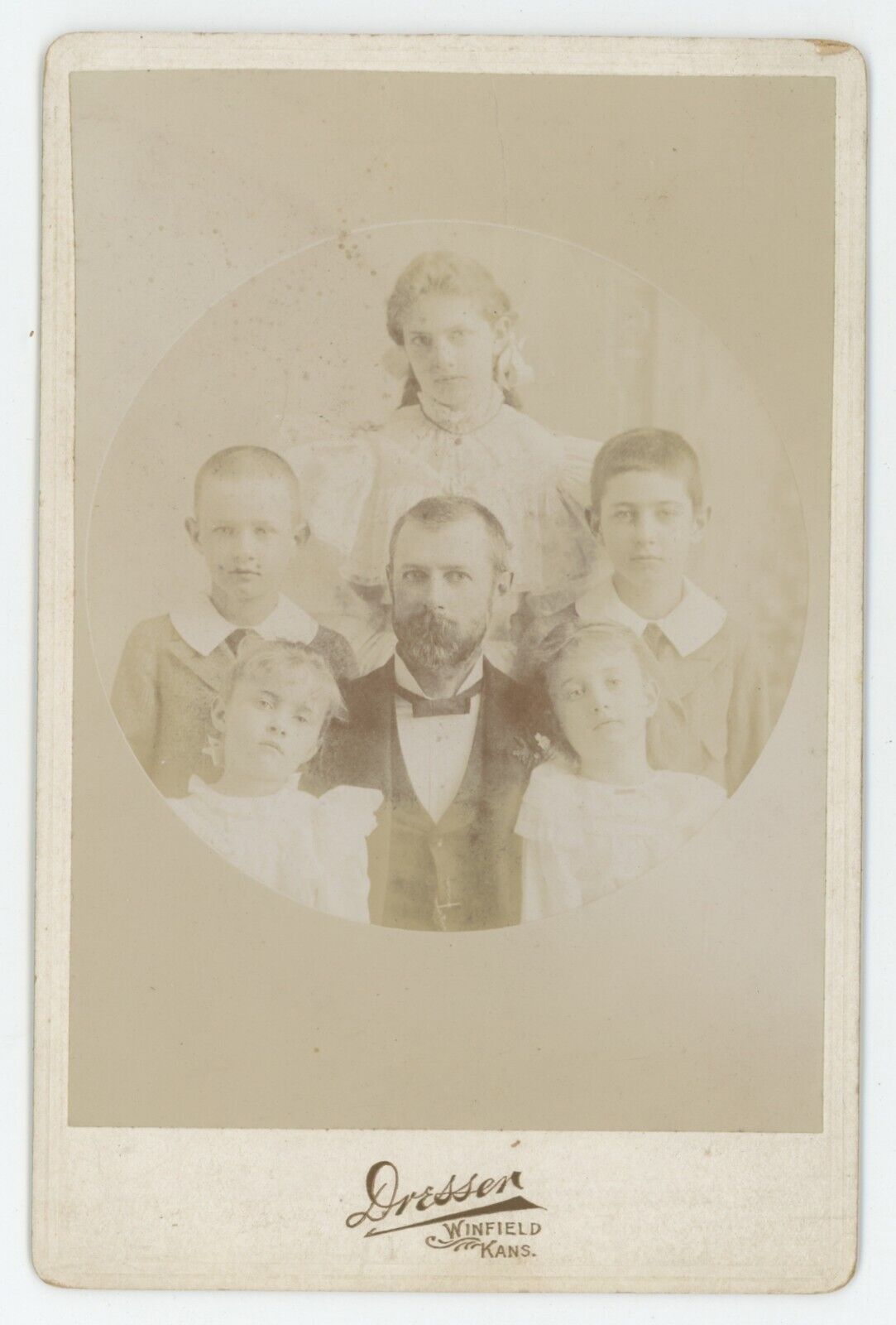Antique c1880s Cabinet Card Father & Five Beautiful Kids Dressen Winfield, KS