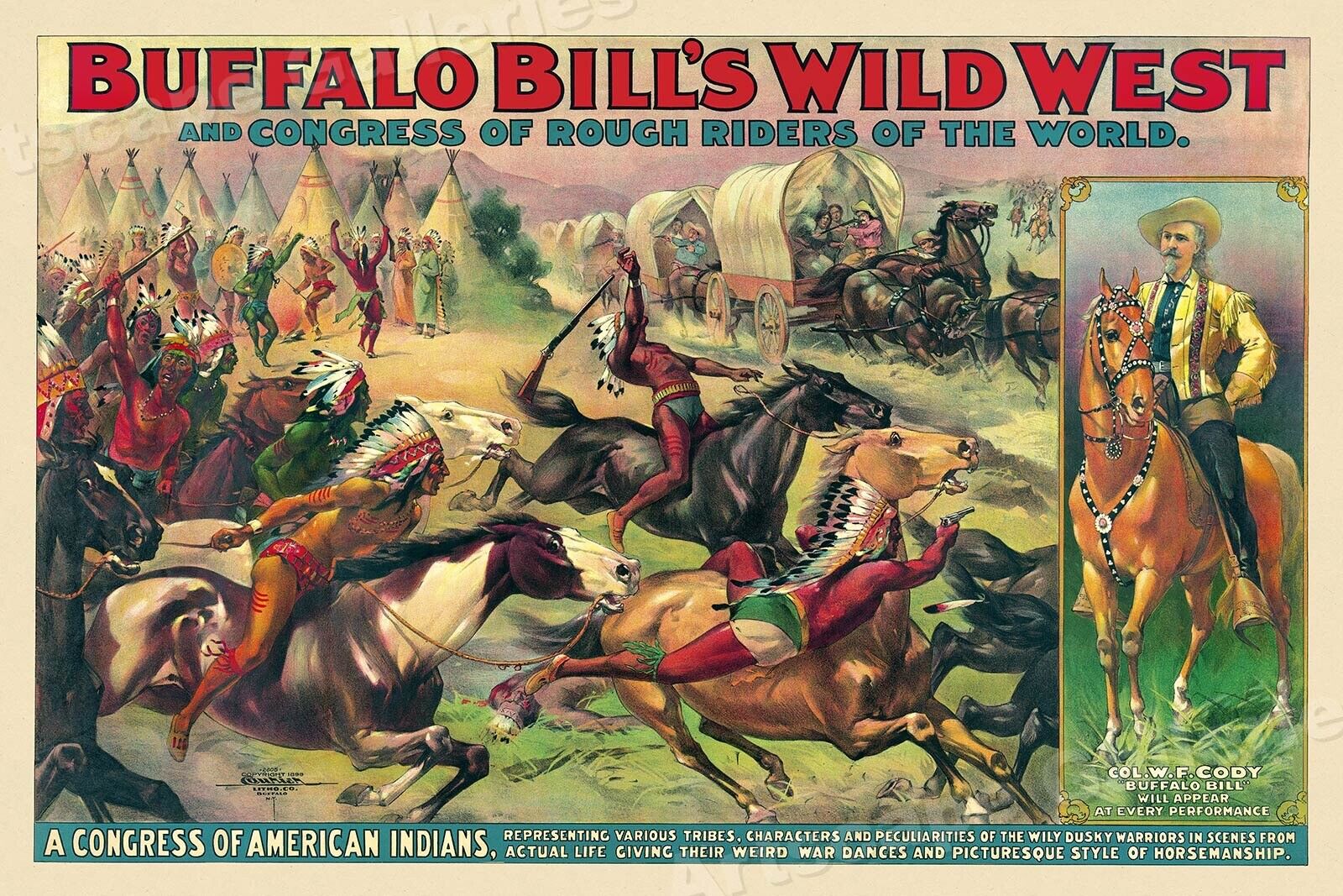 1899 Buffalo Bills Rough Riders Congress of American Indians Circus Poster 16x24