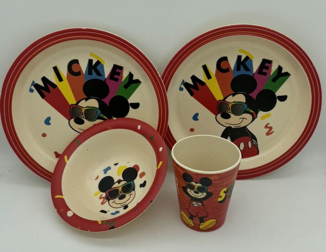 Vintage 1980s Disney Mickey Mouse Plastic Melamine Child\'s Plates Cup & Bowl