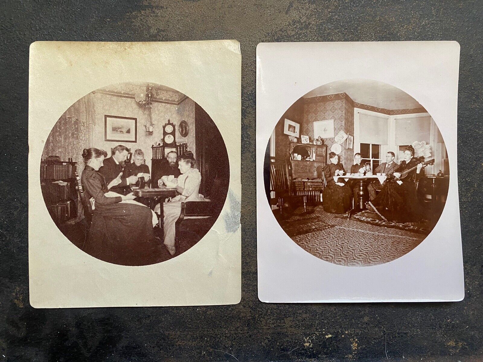 Two Round Kodak No 2 Photos Interior Playing Cards Tea Guitar Unmounted 1890\'s