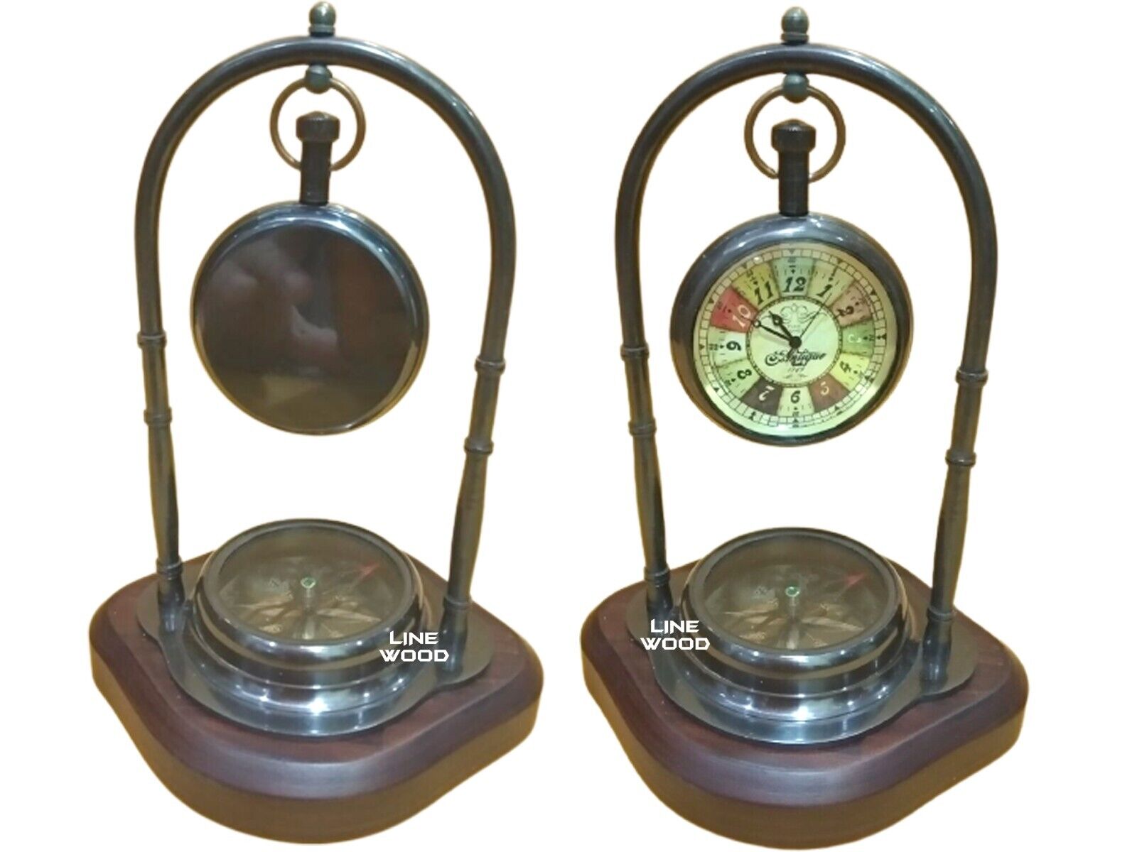 Nautical Brass Table Clock Desk Clock Watch With Wooden Base Direction Compass