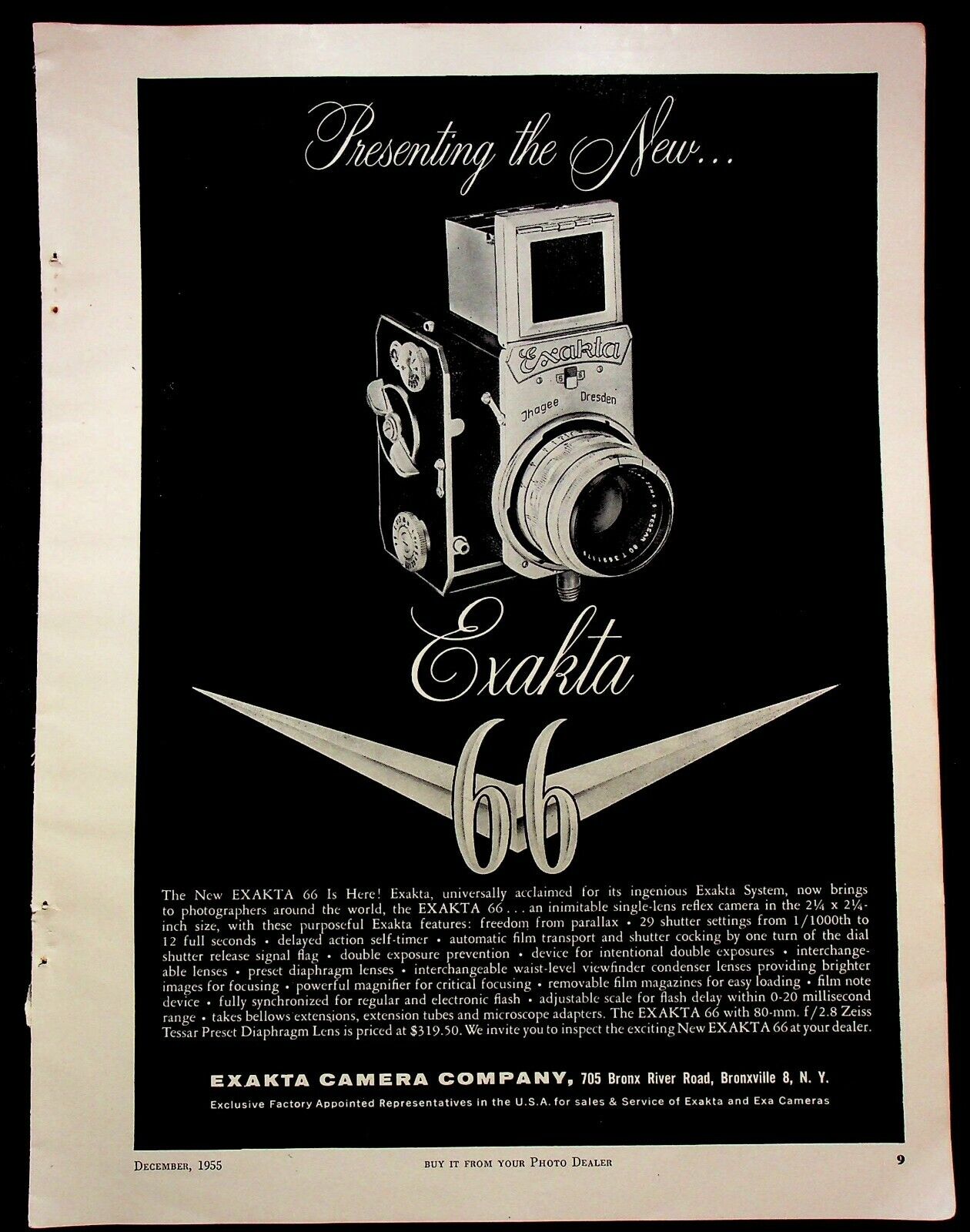 Vintage 1955 Exakta 66 Camera Exakta Camera Company Bronxville NY Print Ad