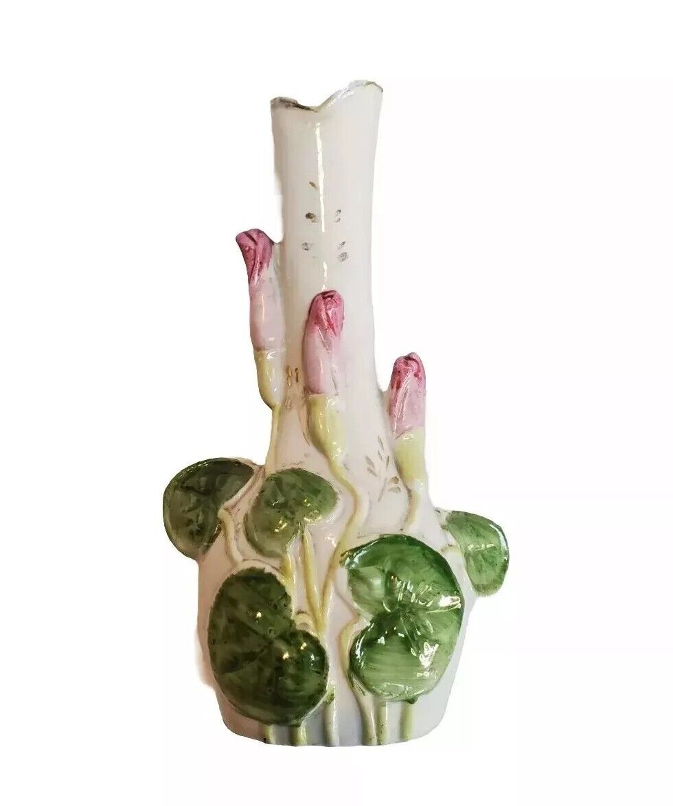 Vintage Floral Porcelain Ceramic Vase Applied Pink Flowers Leaves 5.5