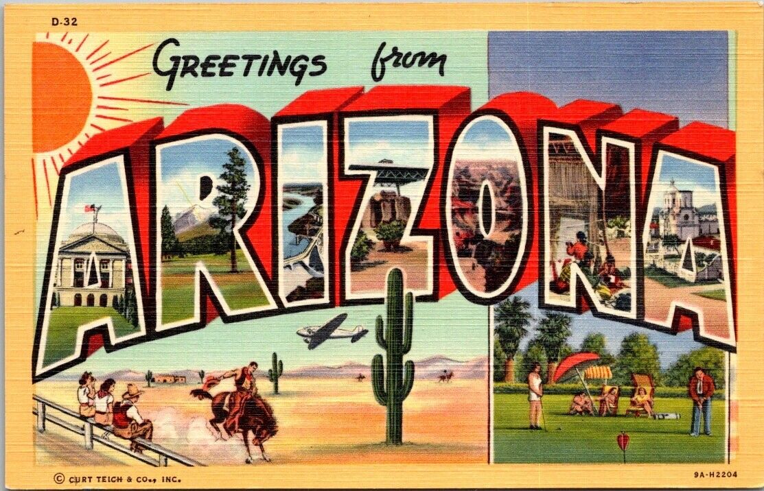 Arizona AZ Large Letter Greetings From AZ Linen Curt Teich Postcard Unposted