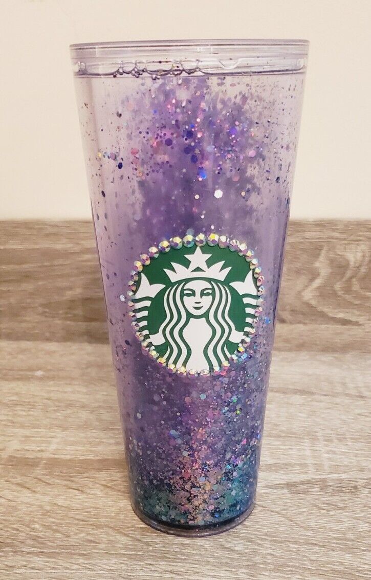 Starbucks Venti Cup Snow Globe Tumbler Purple Bling Glitter CONFETTI 24Oz