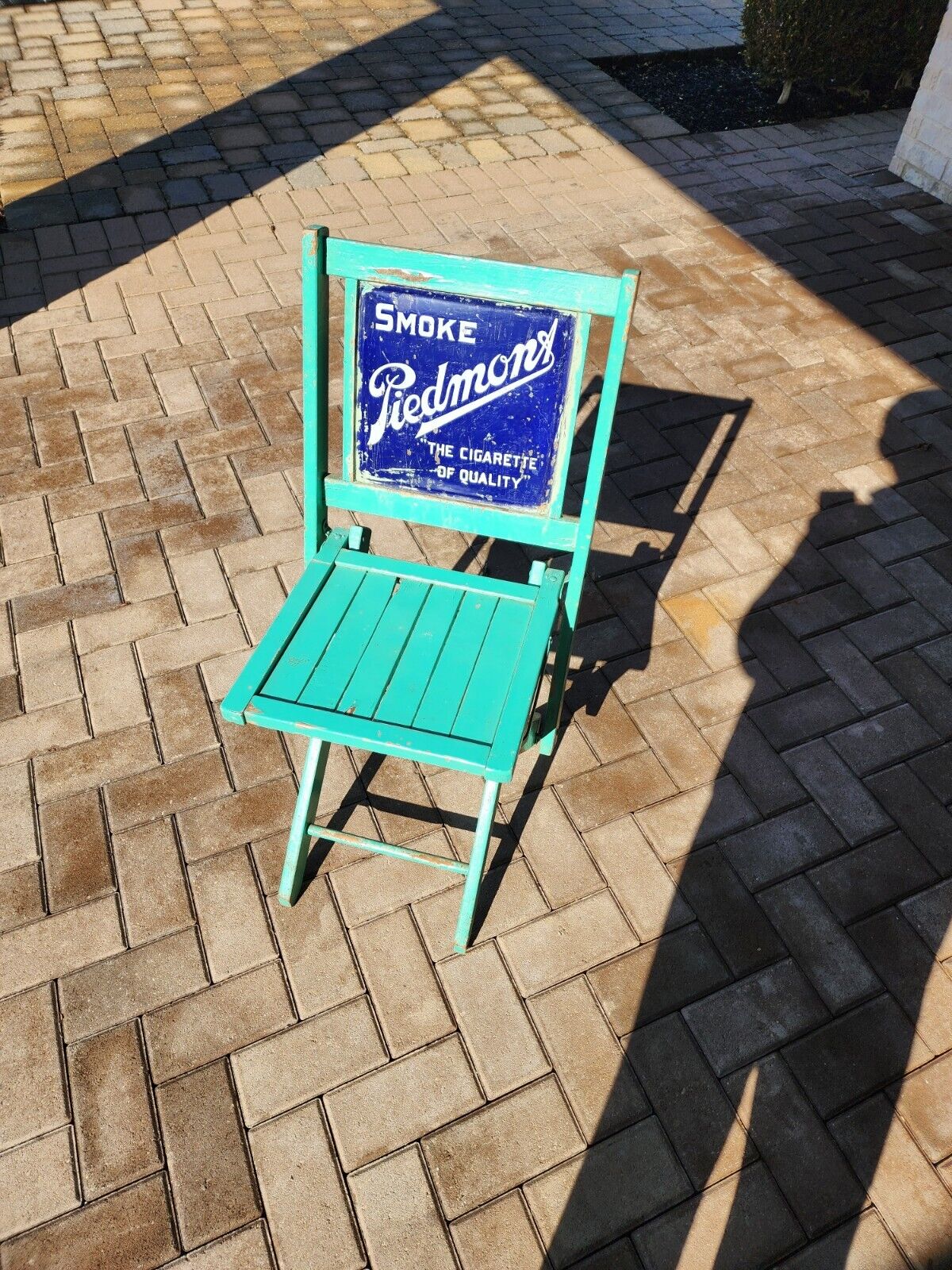 Rare 1920's Piedmont Cigarettes Tobacco Wood Folding Chair 2 Side Porcelain Sign