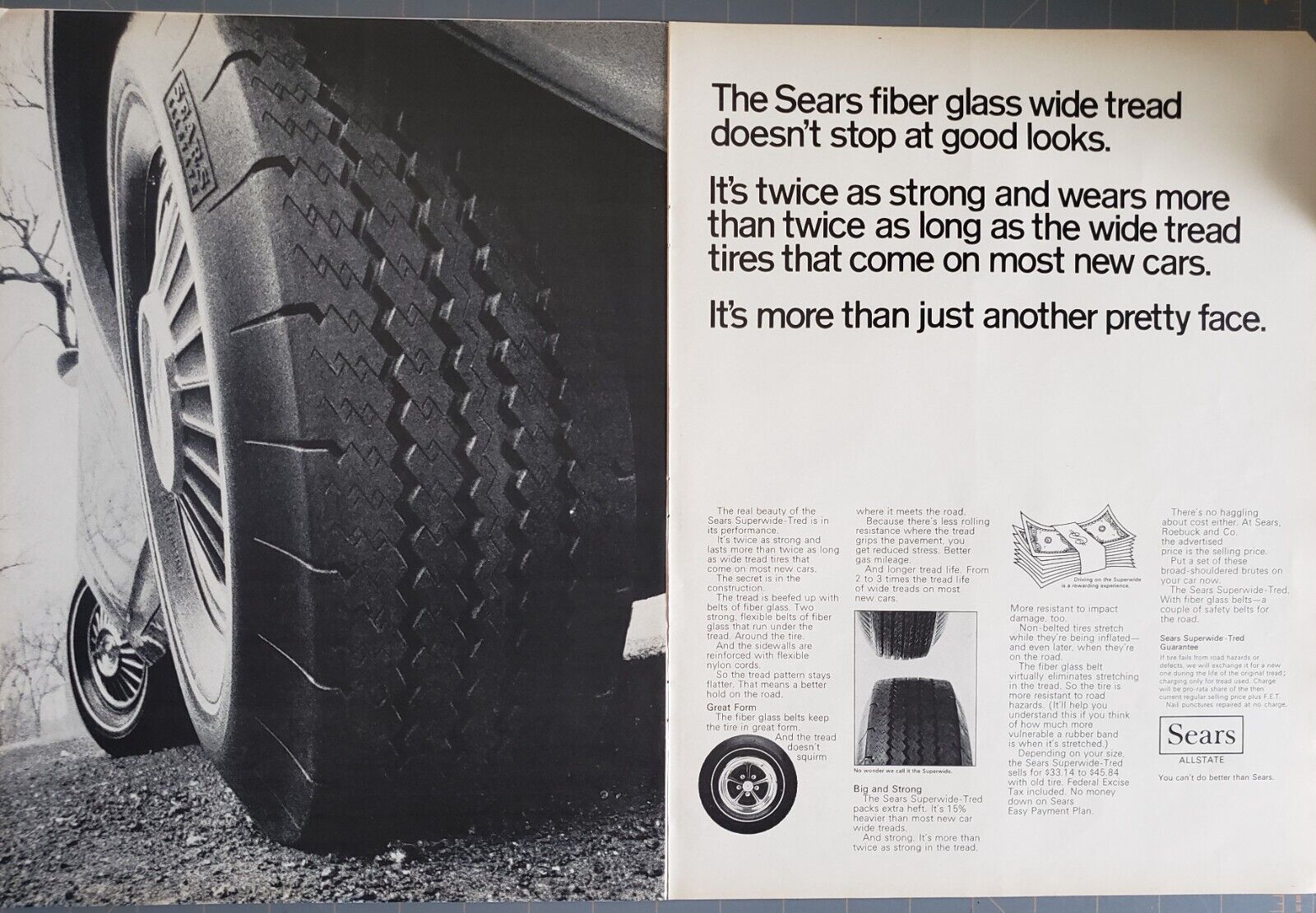 1968 Sears Allstate Tires Fiber Glass Wide Tread Twice As Strong 2 Page Print Ad