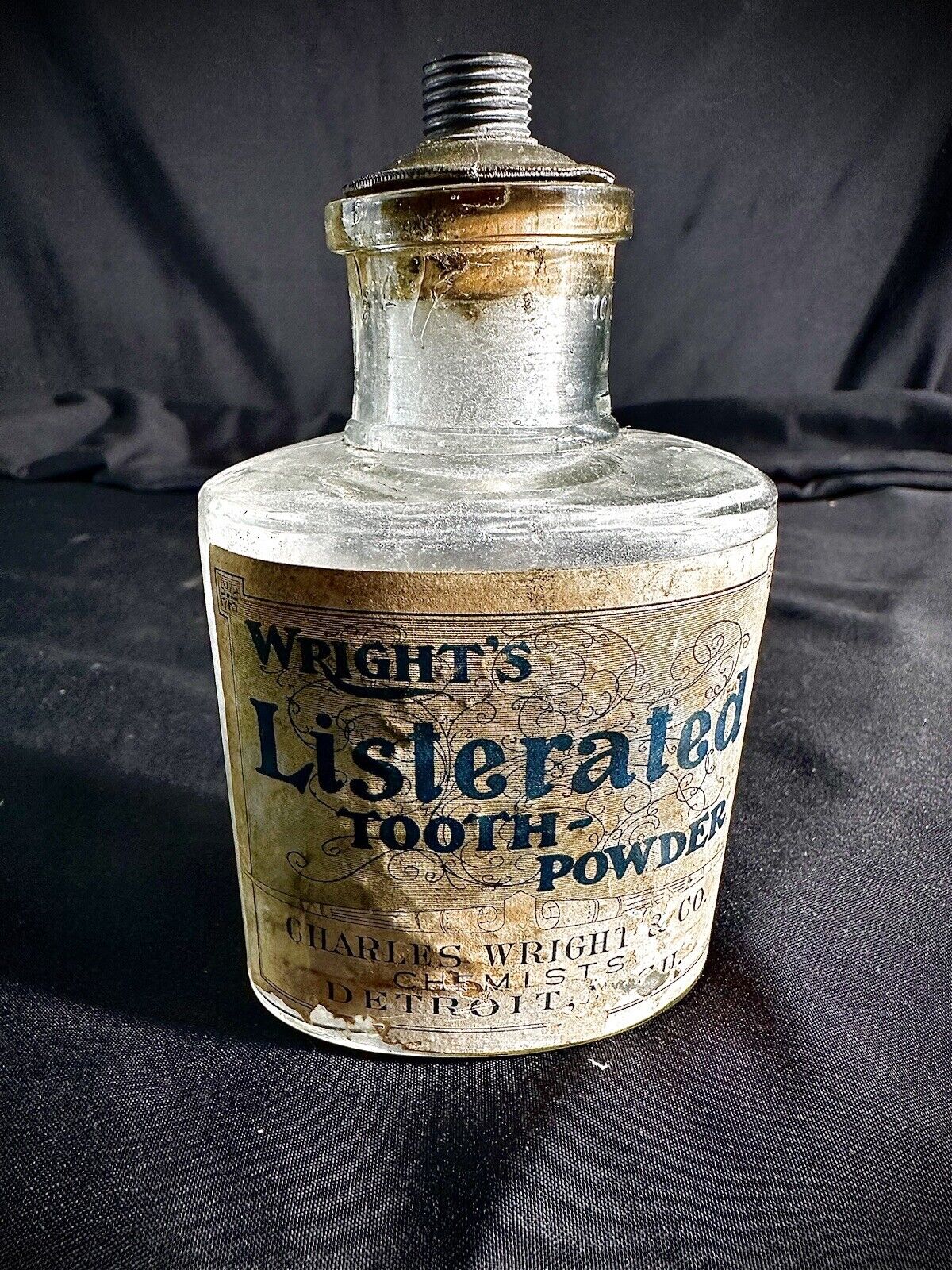 Antique 1890ish Tooth Powder Bottle labeled￼ Charles Wright’s & Co Detroit 3”H