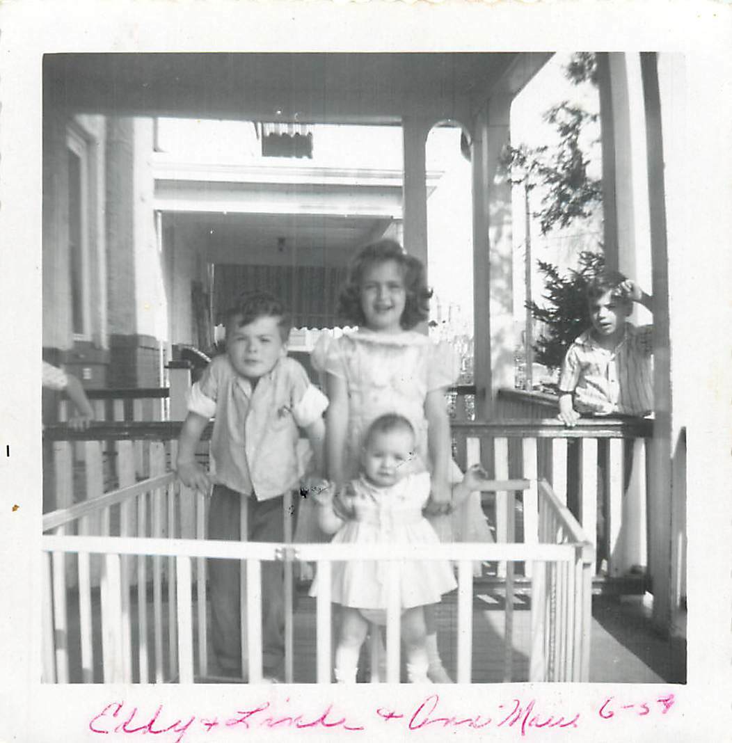 vintage Snapshot B/W Children Hanging Out on Front Porch on Summer Day 1959