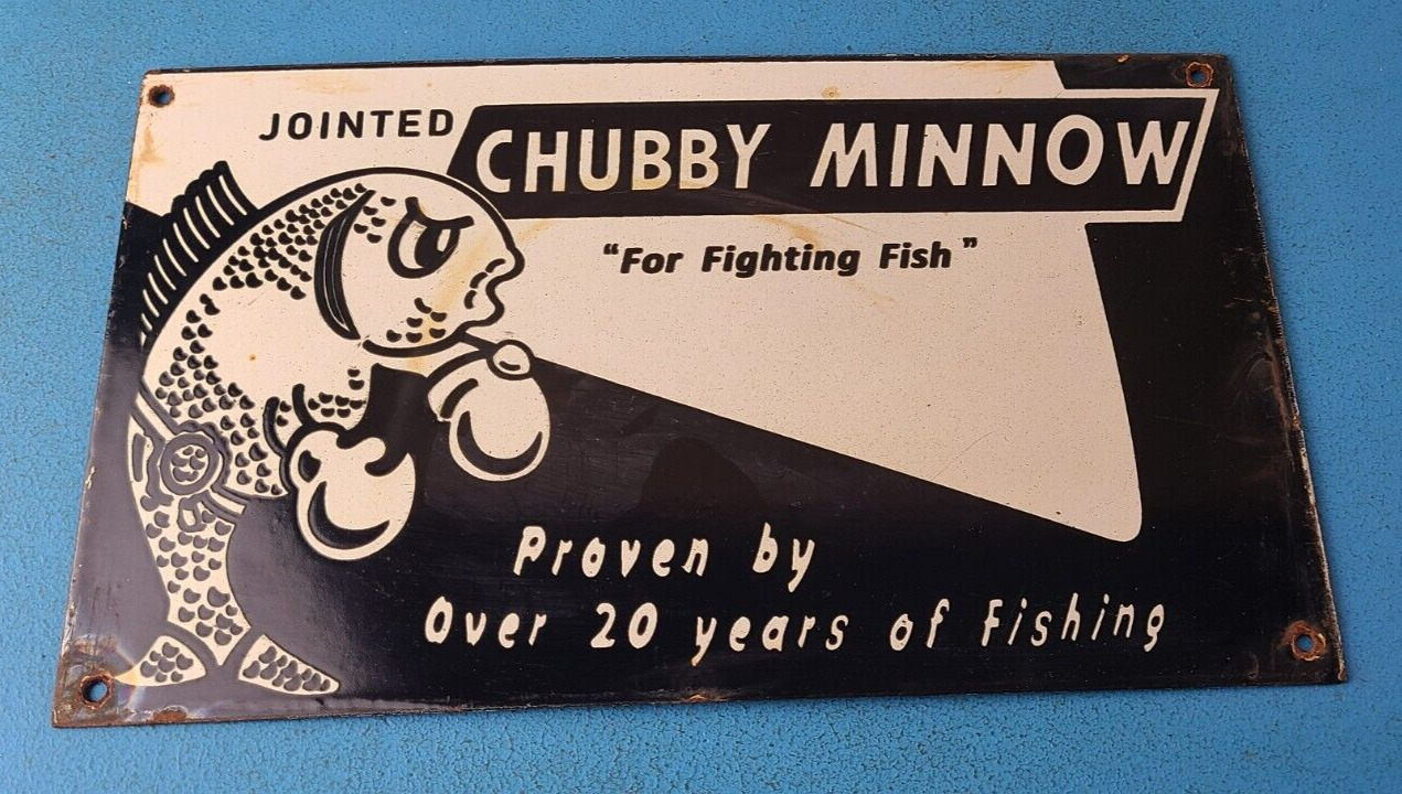 Vintage Chubby Minnow Sign - Fishing Lure Sign - Gas Service Pump Porcelain Sign
