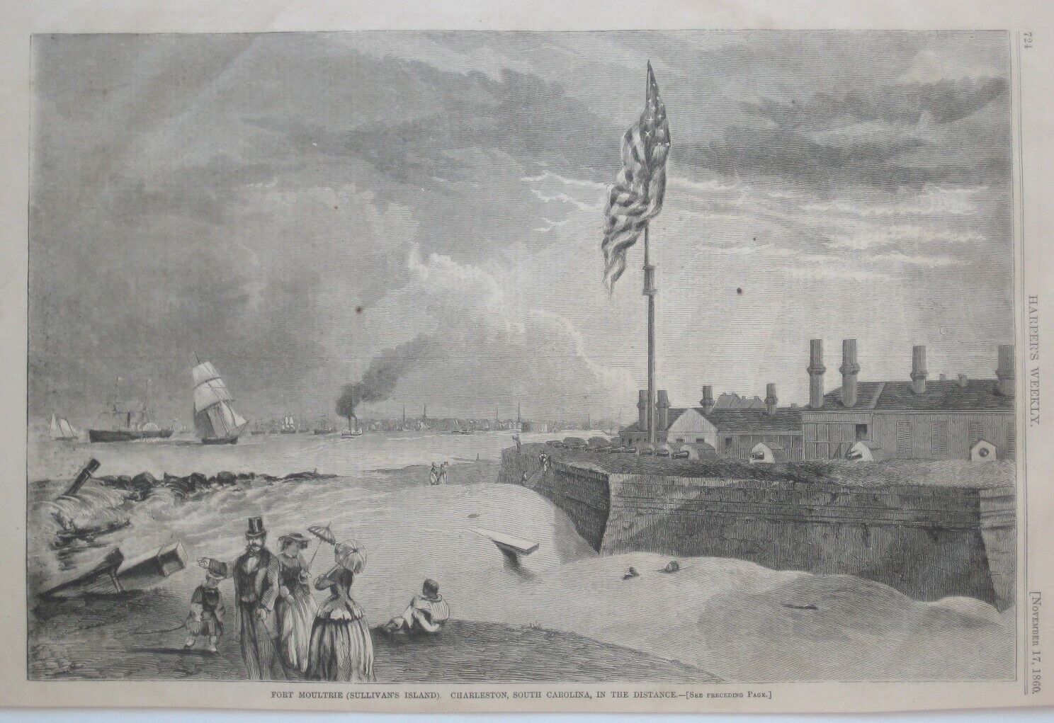 Original 1860 Antique Engraving FORT MOULTRIE Charleston Harbor South Carolina