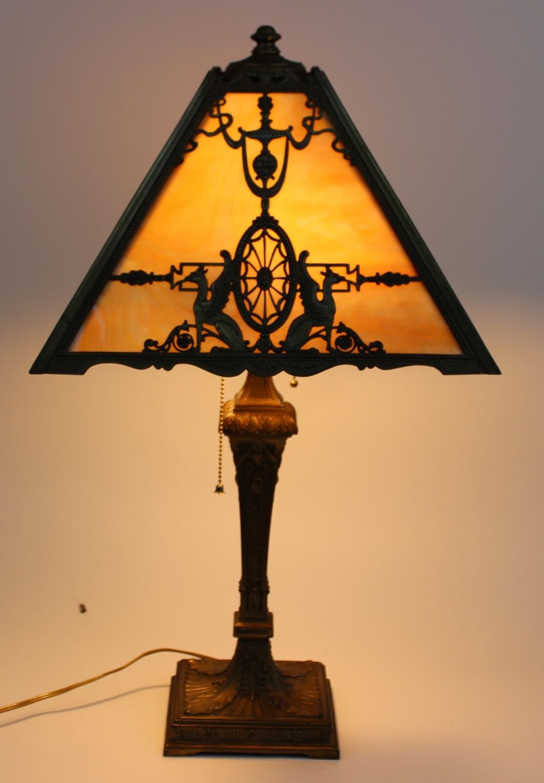 OUTSTANDING LARGE WILKINSON SLAG PANEL LAMP WITH GRIFFINS
