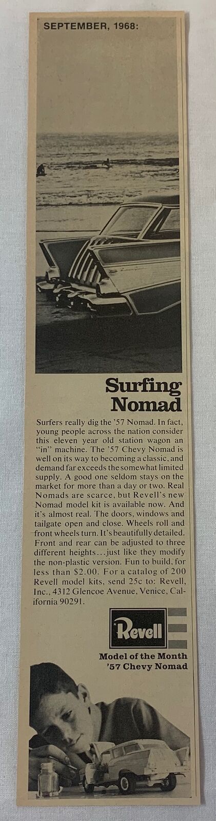 1968 b+w REVELL model kit ad ~ SURFING 1957 CHEVY NOMAD ~ 2.5x12