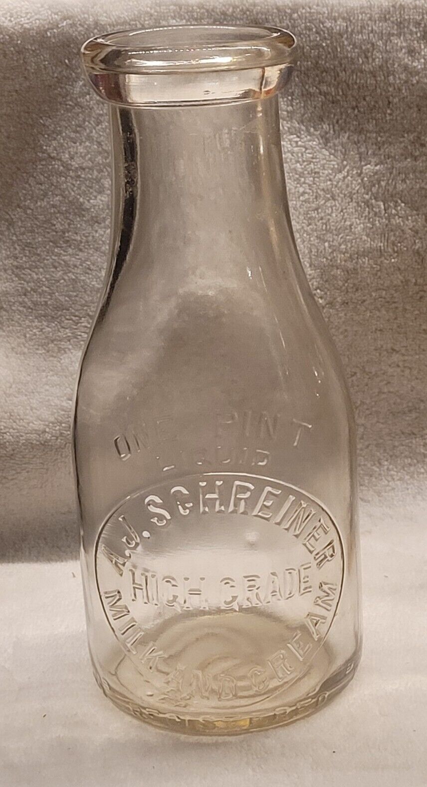A. J. Schreiner Pint High Grade Milk And Cream Milk Bottle Rochester N.Y.