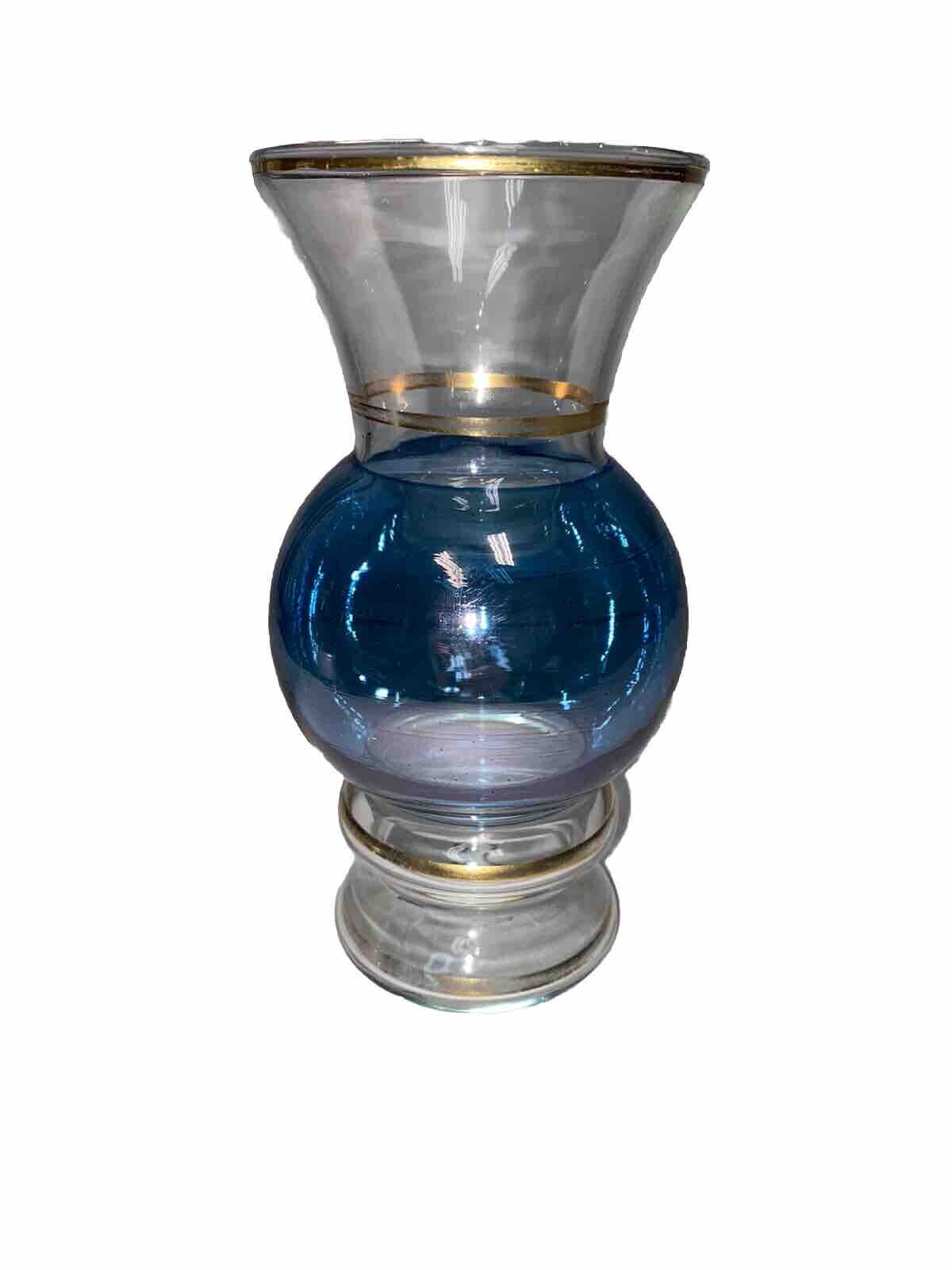 Bartlett Collins Small Glass Bud Vase Iridescent Blue and Clear Gold Trim