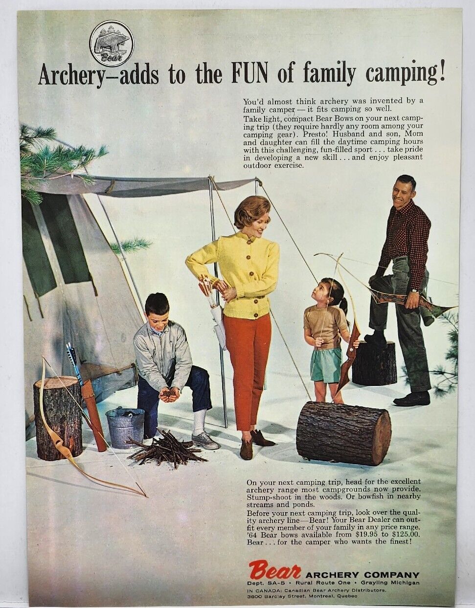 1964 Bear Archery Adds Fun To Family Camping Hunting Print Ad Grayling Michigan