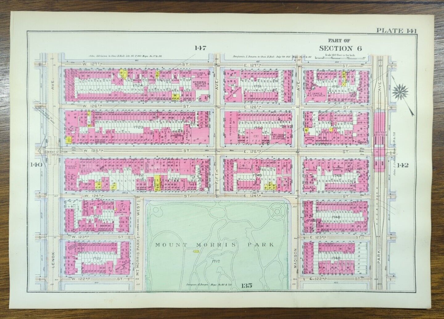 1916 MOUNT MORRIS PARK MANHATTAN NEW YORK CITY Street Map ~ 127th St - 122nd St