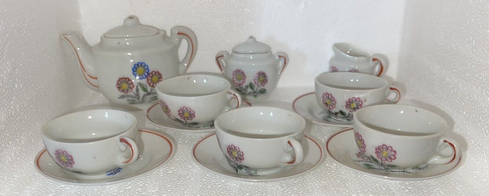 Vintage Japanese Miniature Tea Set 15 Pieces w 6 Extra Saucers White w Flowers