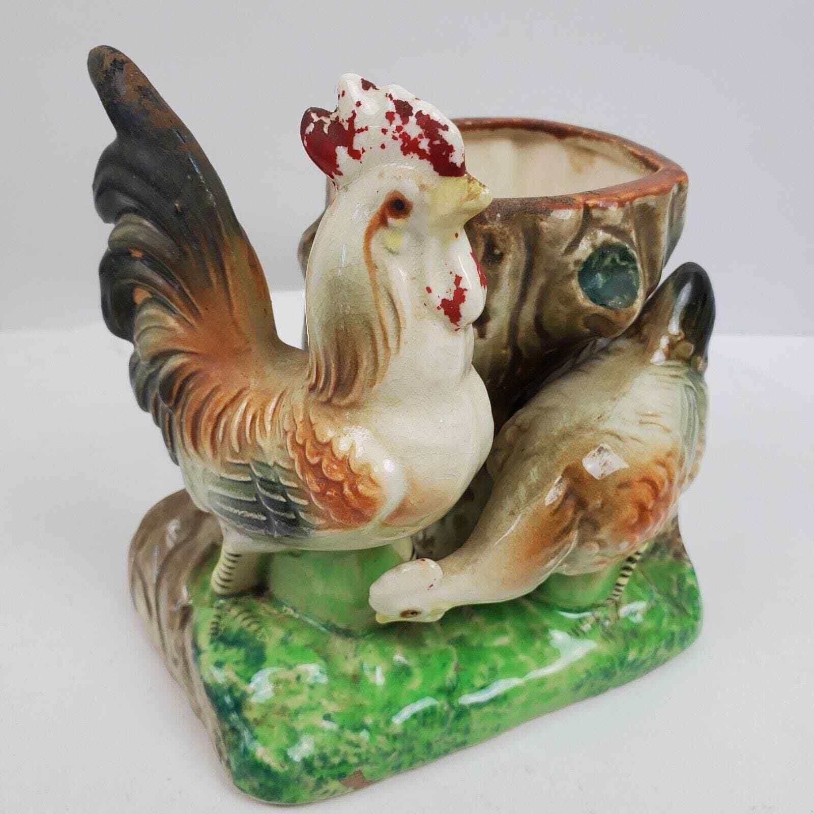 Antique Farmhouse Flower Pot Rooster Chicken 5.5x5x4 Inch Porcelain Ceramic