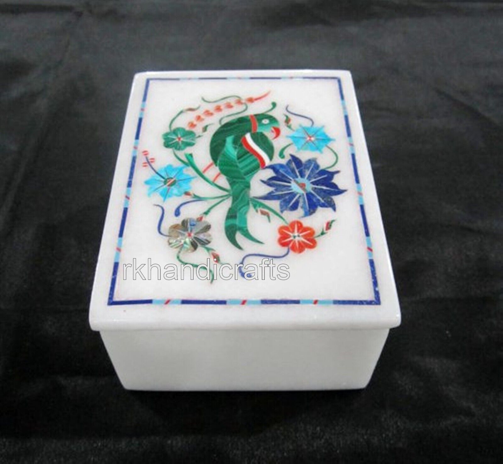 5 x 3.5 Inches White Marble Multi Purpose Box Inlaid with Parrot Art Jewelry Box