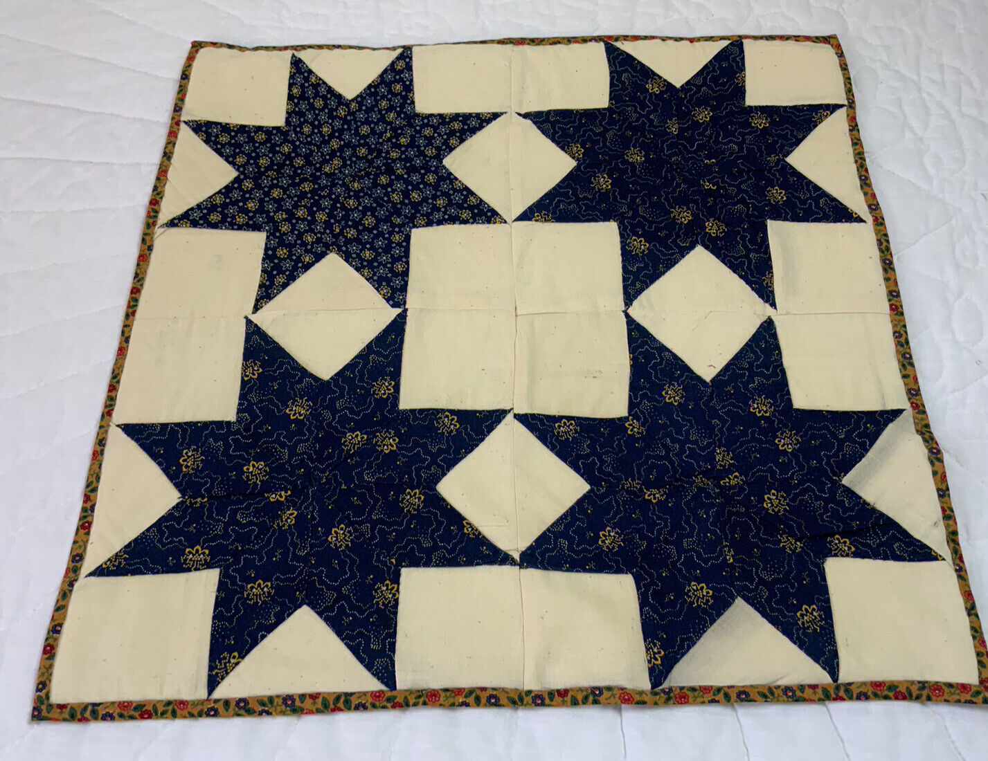 Vintage Antique Patchwork Quilt Table Topper, Star, Early Calicos, Navy Blue