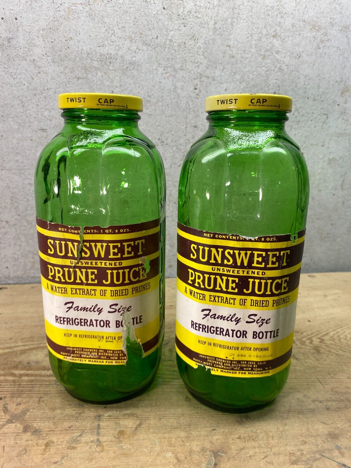 2 Vintage Sunsweet Prune Juice Green Glass Jar Bottle with Label & Lid Lot H