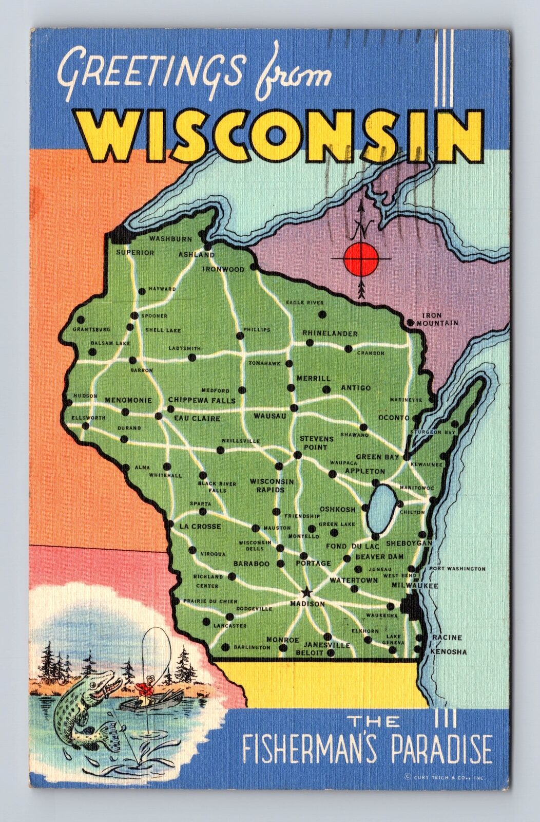 Greetings From Wisconsin, State Map, Antique, Vintage c1942 Souvenir Postcard