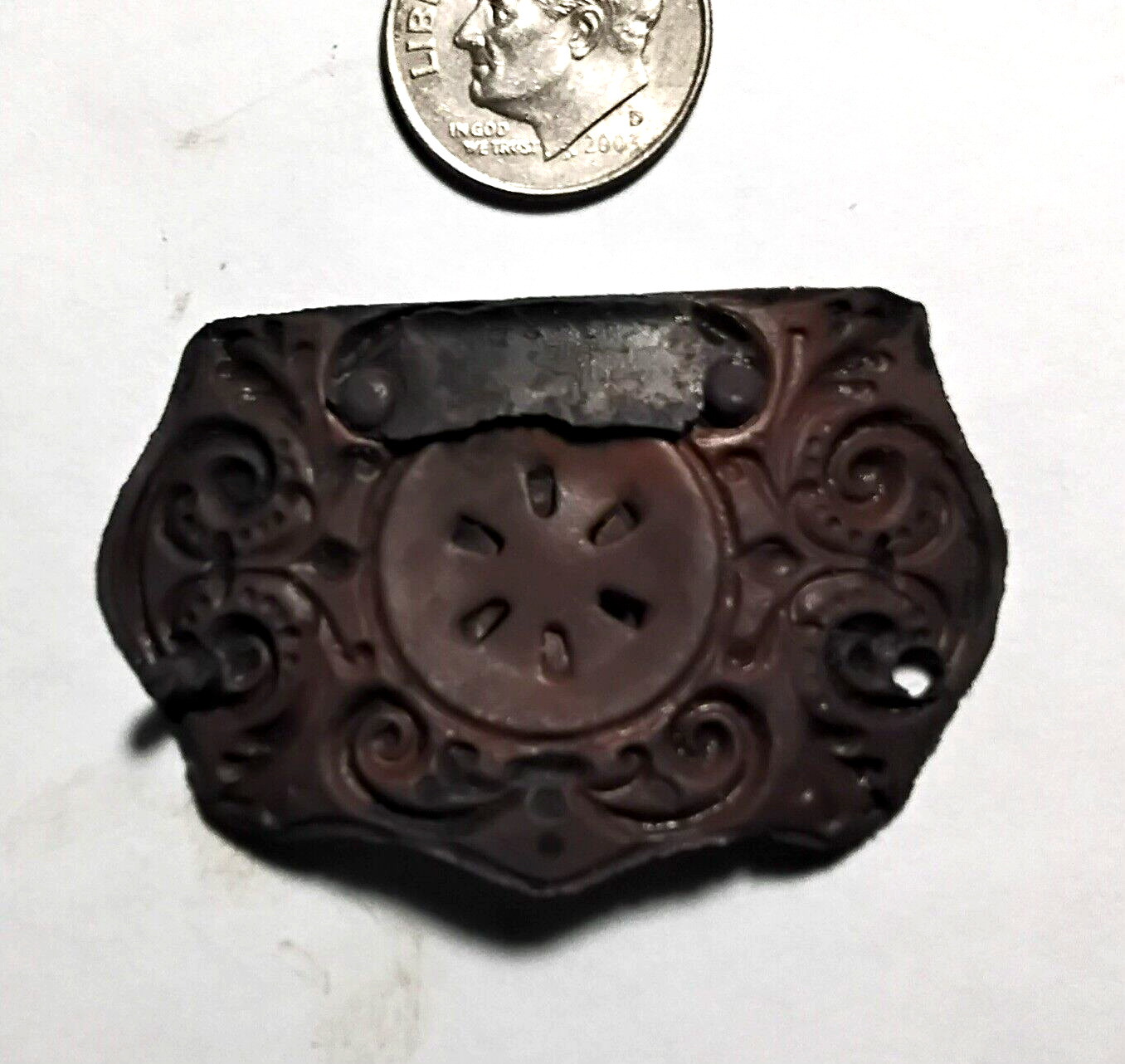 Very rare hat vent inside an ornate copper plate, a dug artifact dug Central VA.