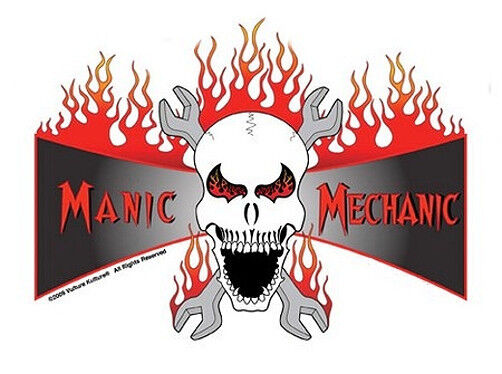 FLAMING SKULL & WRENCHES - MANIC MECHANIC VINYL STICKER/DECAL By Vulture Kulture