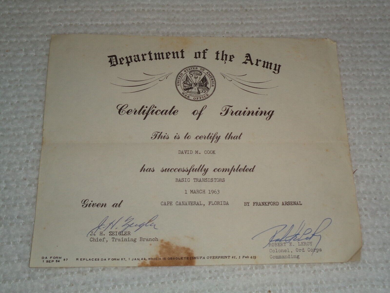 1963 U.S. Army Frankford Arsenal Cape Canaveral Florida Certificate of Training