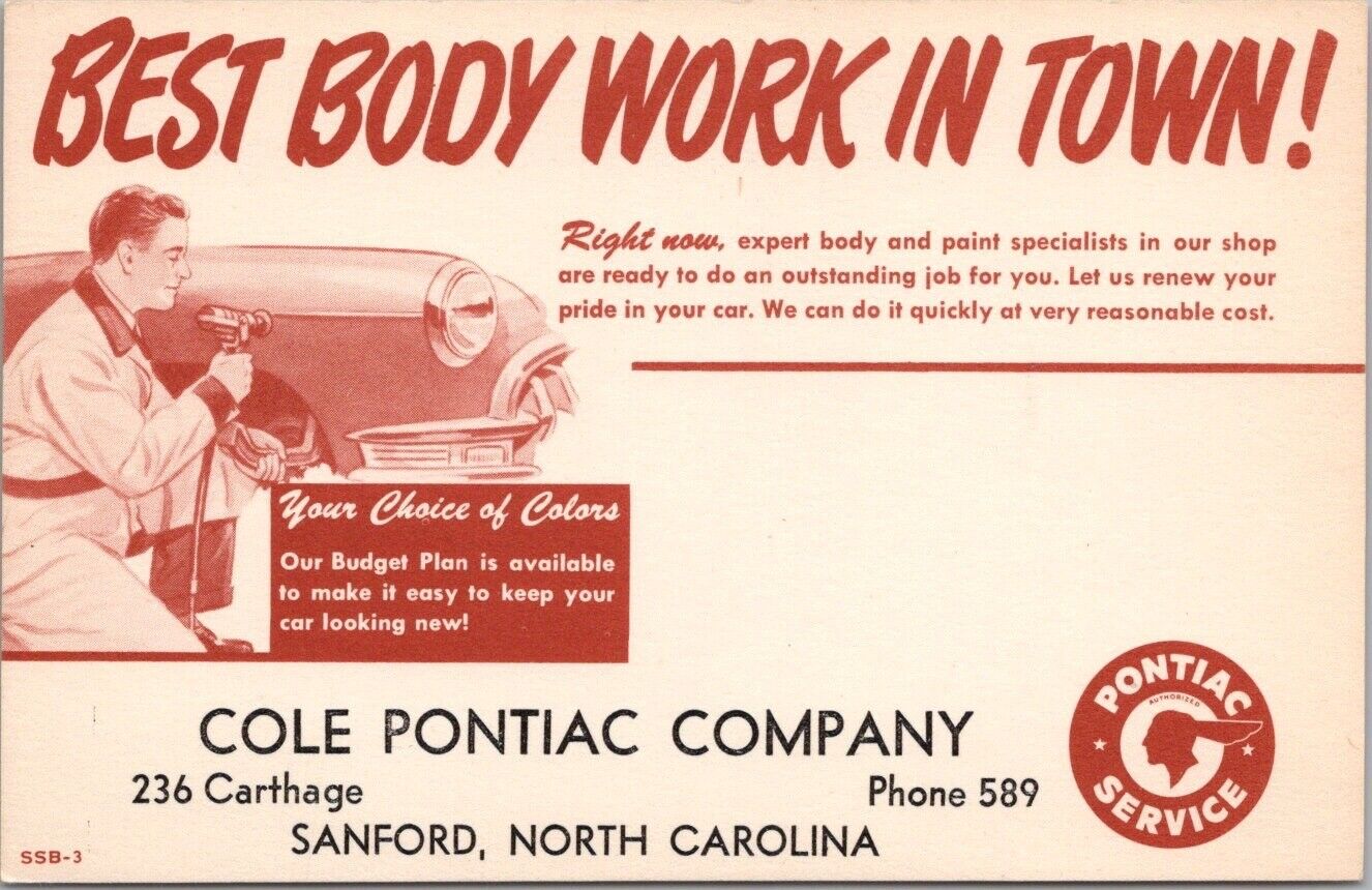 1950s Sanford, North Carolina Car Postcard COLE PONTIAC \