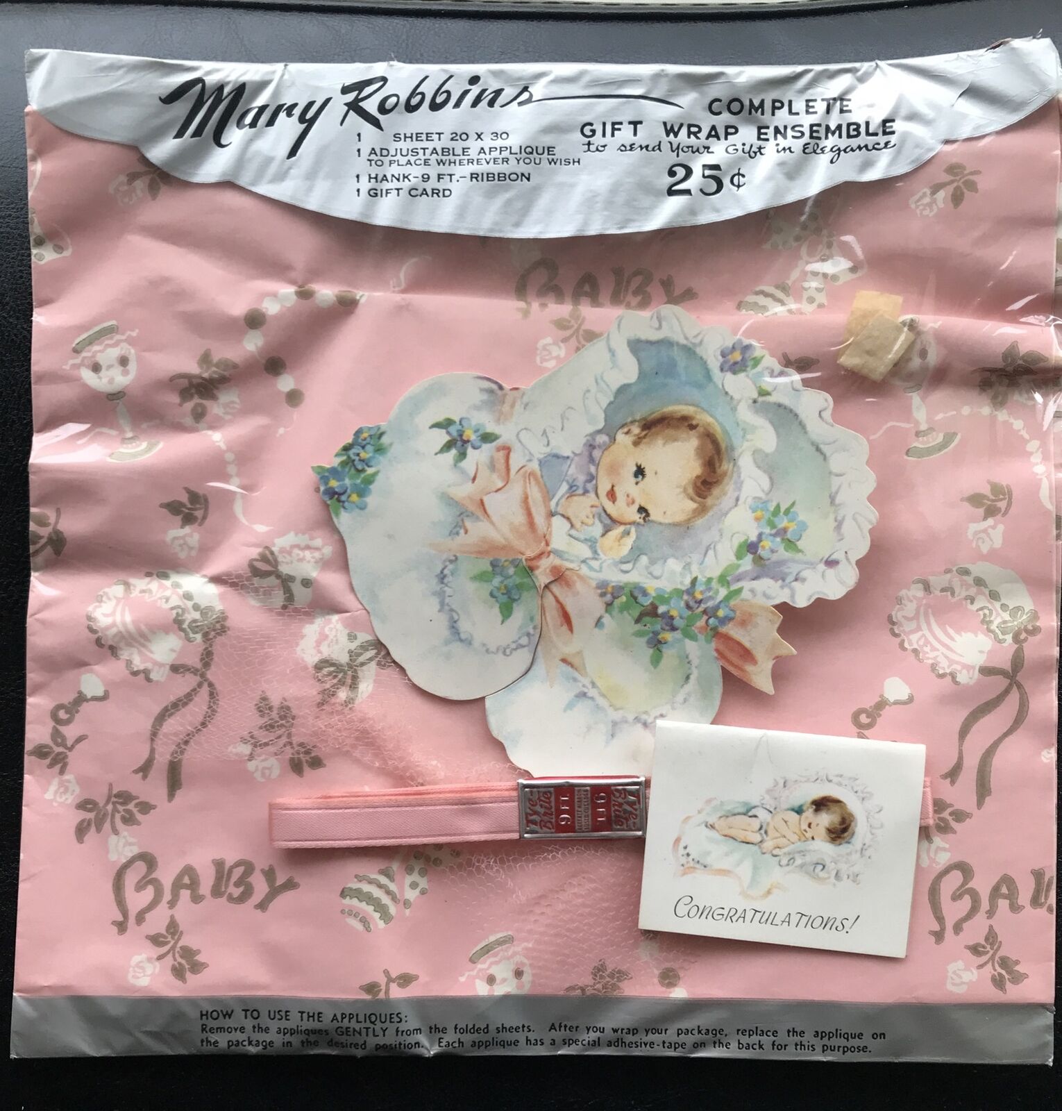 VTG 1960s MARY ROBBINS GIFT WRAP IN PACKAGE BABY SHOWER  TAG & RIBBON & APPLIQUÉ