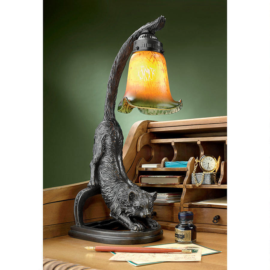 1930's Antique Replica Feline Cat Stretch Glass Shade Whimsical Kitty Desk Lamp