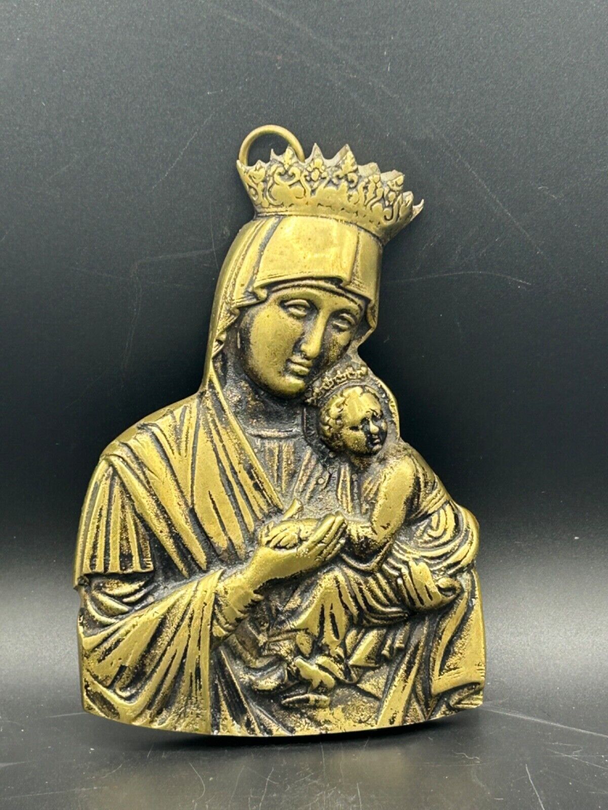 Vintage Brass Virgin Mary w/ Infant Jesus Wall Hanging